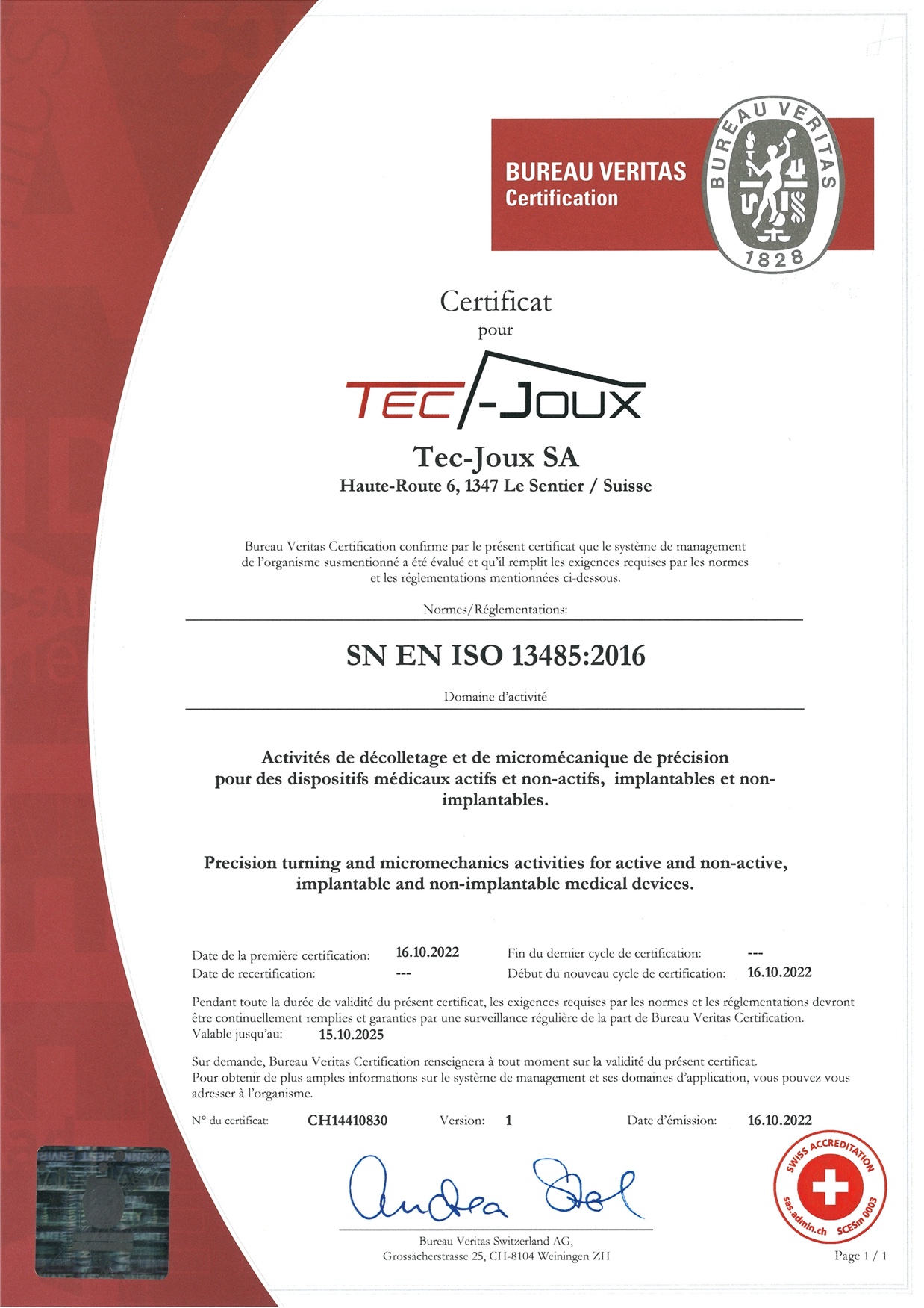 Certificat ISO 13485